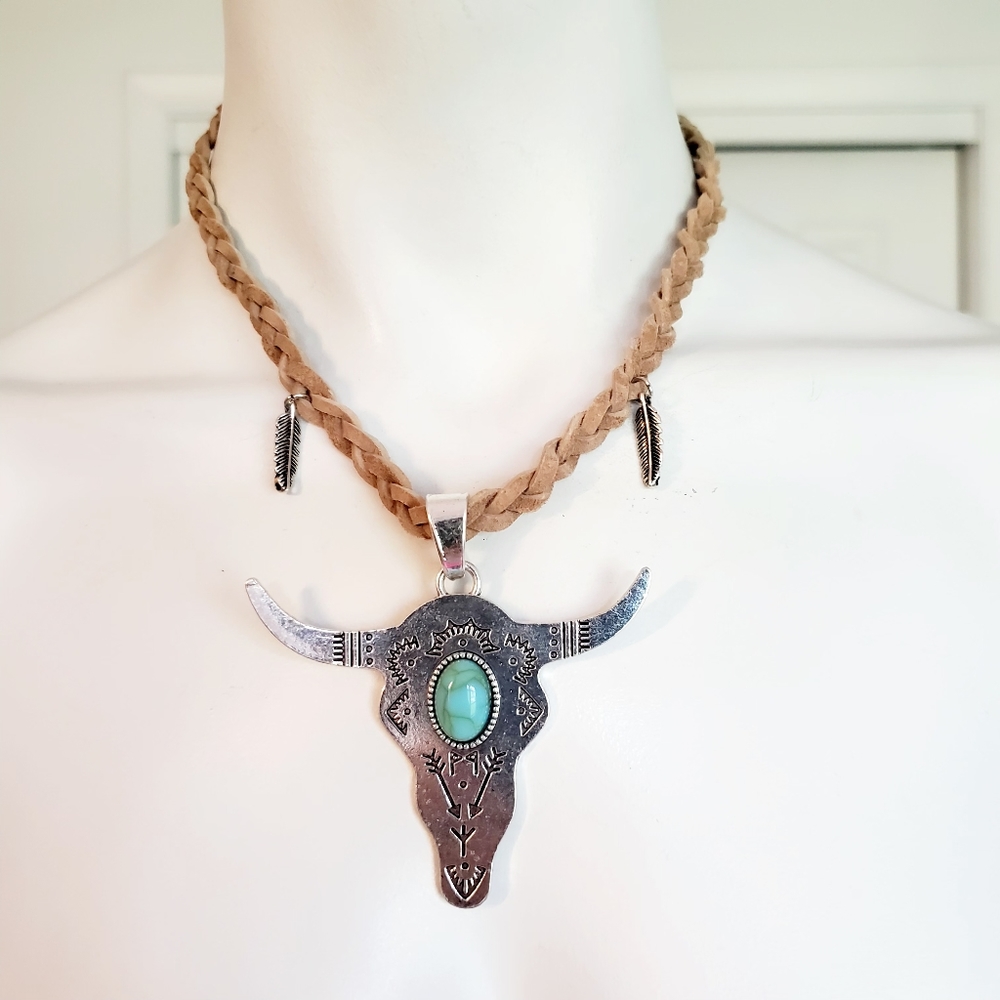 Turquoise Steer Head Western Necklace /choker - Picture 2 of 10